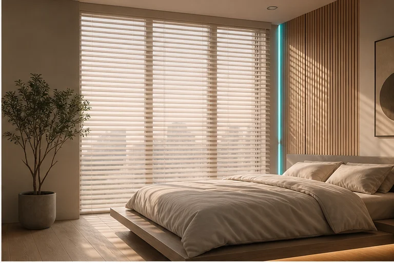 Schlafzimmer mit hellen Holzjalousien