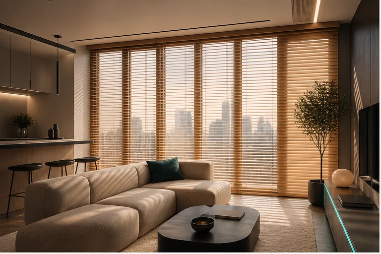 Kompaktes City-Apartment mit hellen Holzjalousien