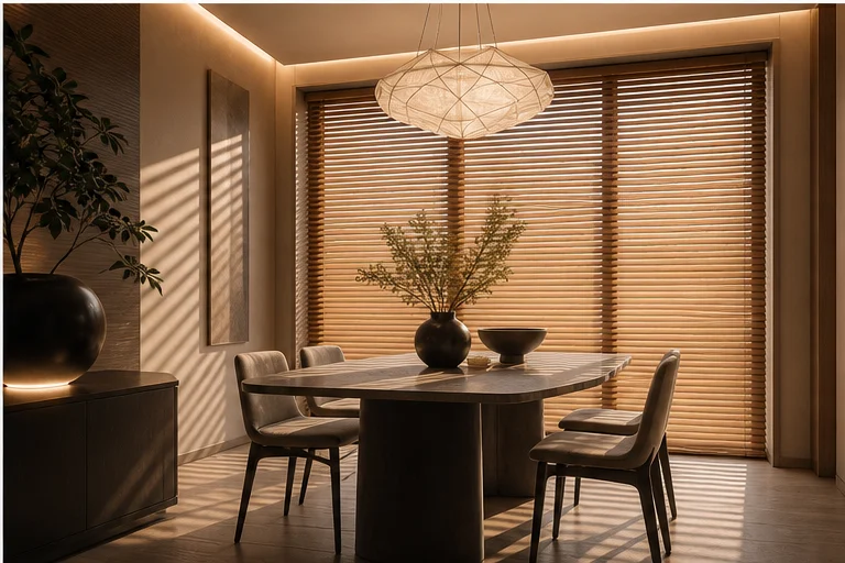 Essbereich mit Holzjalousien und geometrischem Schatten