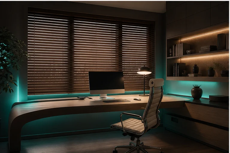 Homeoffice mit Walnuss-Jalousien und futuristischem Licht