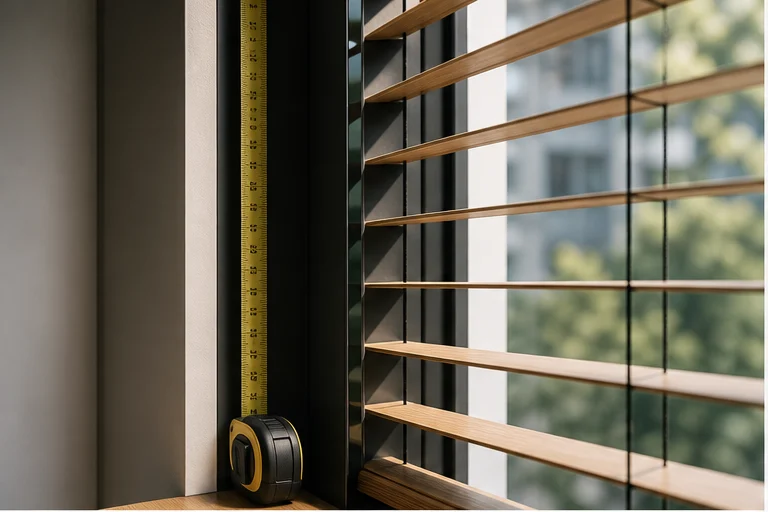Maßband an Fensterlaibung neben Holzjalousie