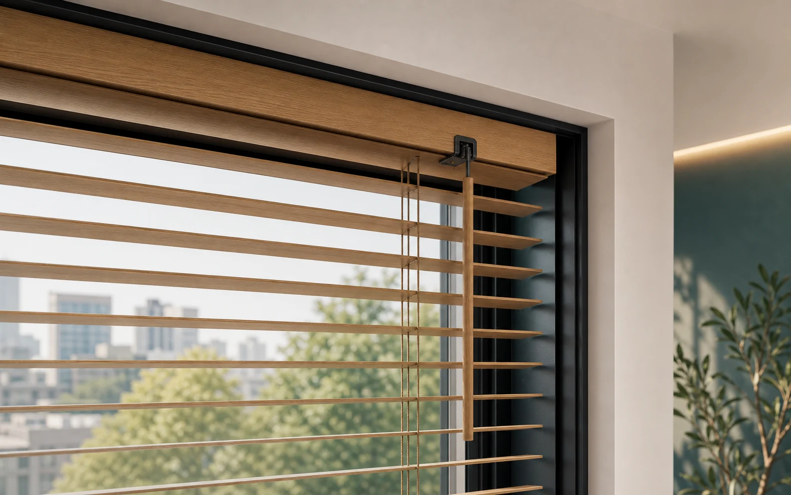 Montagehalter und Oberprofil einer Holzjalousie am Fenster