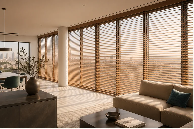 Modernes Apartment mit Holzjalousien und futuristischer Lichtstimmung